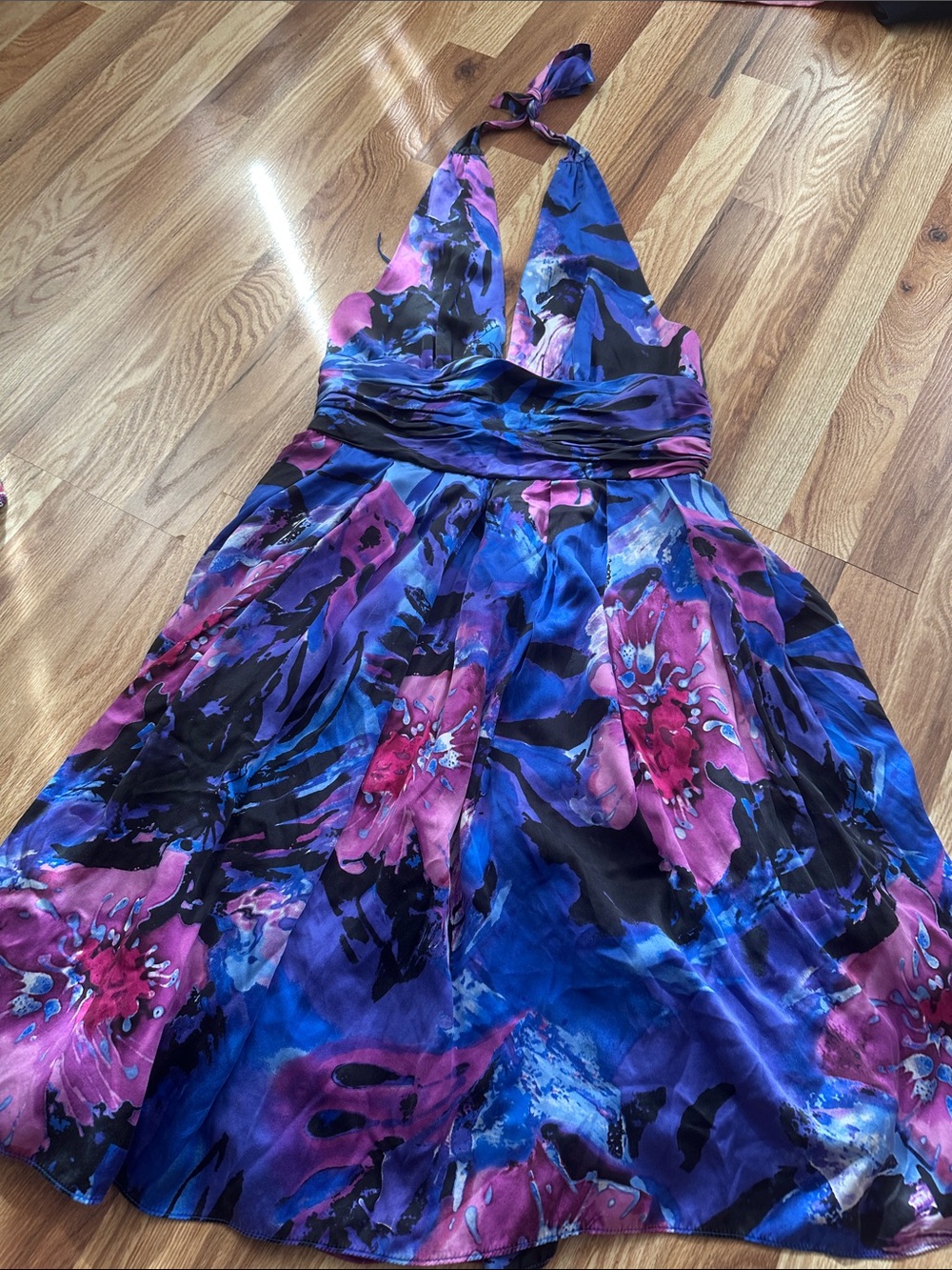 Adrianna Papell Blue and Pink Floral Halter Mini Silk Dress size 10
